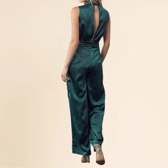 Chic Emerald Satin Jumpsuit - Picture 5 of 6